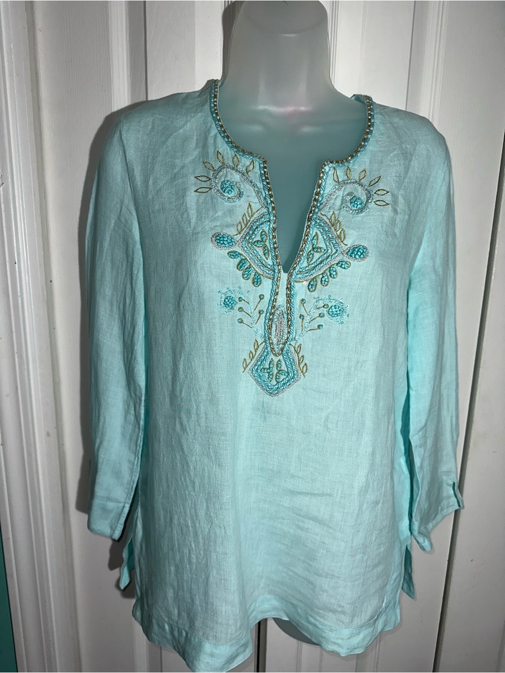 Lilly Pulitzer Amelia Island Tunic in Seasalt Blue Sz XS 100% Linen Boho   AA24